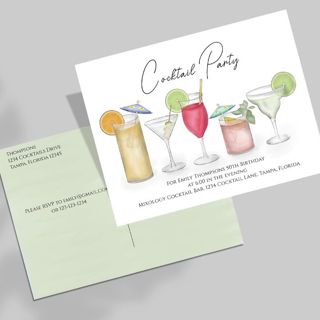 Adult Birthday Party Colorful Cocktails  Postcard (Cocktail party invitation, great for birthdays or any event. )