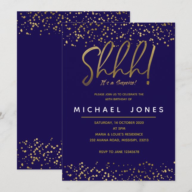 Adult birthday party invitation navy blue (Front/Back)