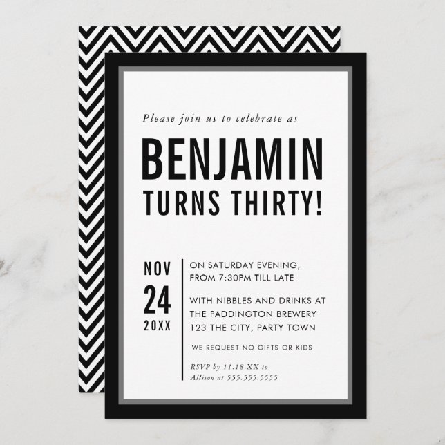 ADULT BIRTHDAY PARTY modern typography black white Invitation (Front/Back)