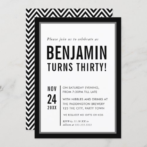 ADULT BIRTHDAY PARTY modern typography black white Invitation