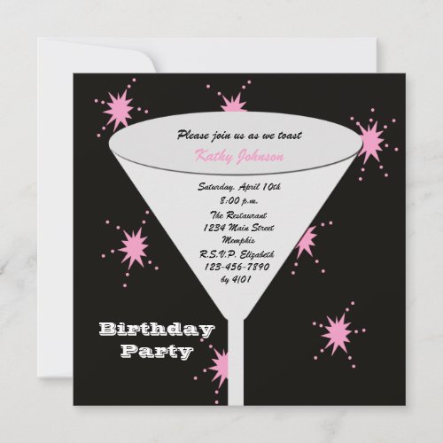 Adult Birthday Party Toast For Her Black and Pink Invitation