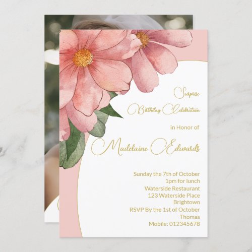 Adult Birthday Photo Pink Gold Elegant Floral  Invitation