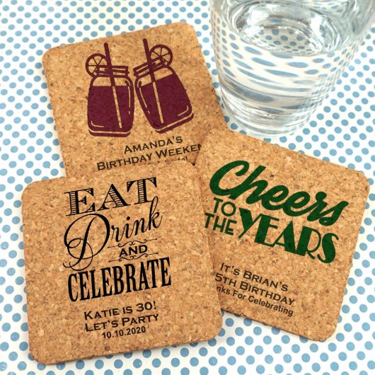 Adult Birthday Square Cork Coasters (Front)