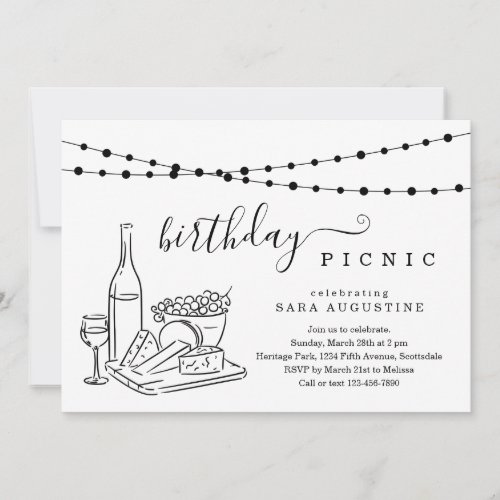 Adult Birthday Wine Picnic Party Invitation - Adult Birthday Wine Picnic Party Invitation - Hand-drawn wine picnic artwork on a wonderfully simple backdrop.