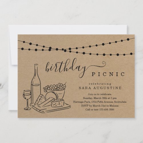Adult Birthday Wine Picnic Party Invitation - Adult Birthday Wine Picnic Party Invitation - Hand-drawn wine picnic artwork on a wonderfully rustic kraft background.
