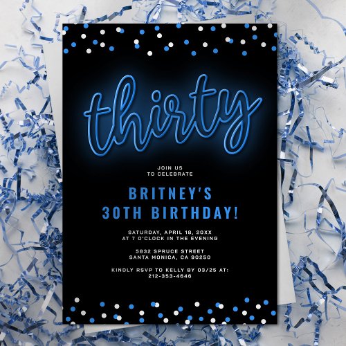 Adult Blue Neon 30th Birthday Party Invitation
