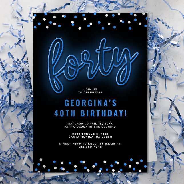 Adult Blue Neon 40th Birthday Party Invitation (Creator Uploaded)