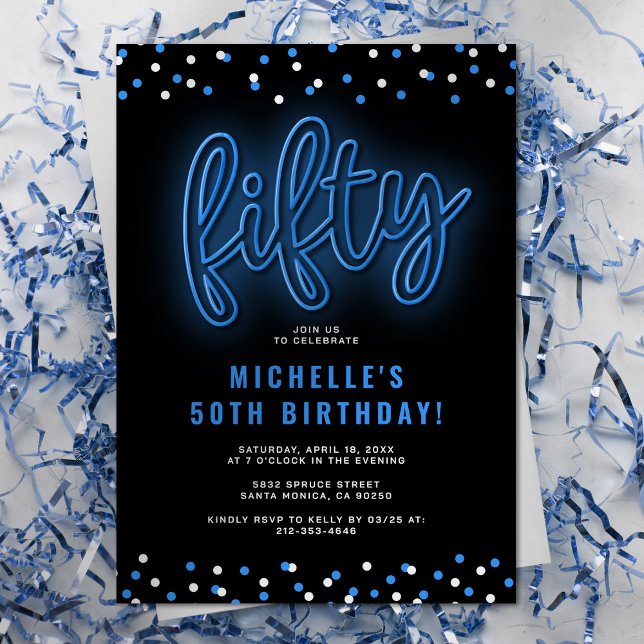 Adult Blue Neon 50th Birthday Party Invitation (Creator Uploaded)