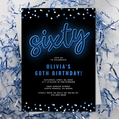 Adult Blue Neon 60th Birthday Party Invitation