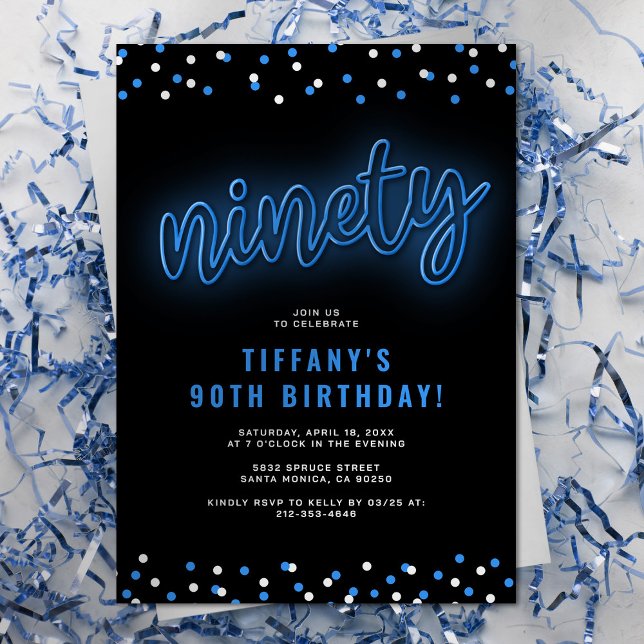 Adult Blue Neon 90th Birthday Party Invitation (Creator Uploaded)