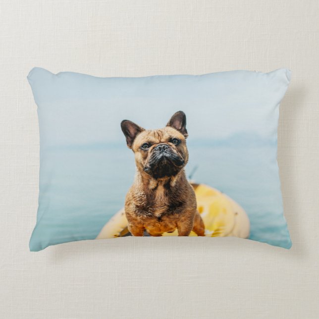 Adult brown French bulldog standing on kayak Accent Pillow (Front)