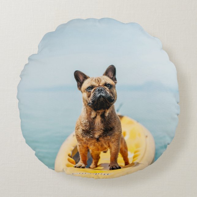 Adult brown French bulldog standing on kayak Round Pillow (Front)