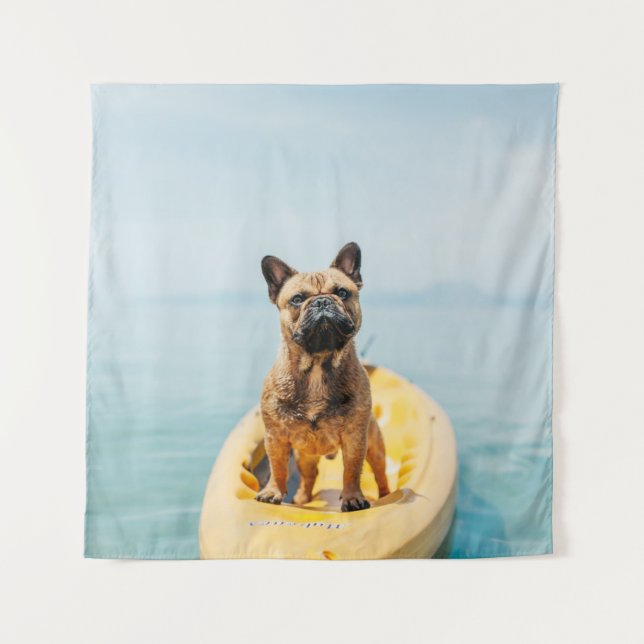 Adult brown French bulldog standing on kayak Tapestry (Front)