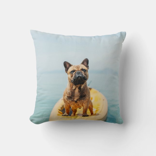 Adult brown French bulldog standing on kayak Throw Pillow (Front)