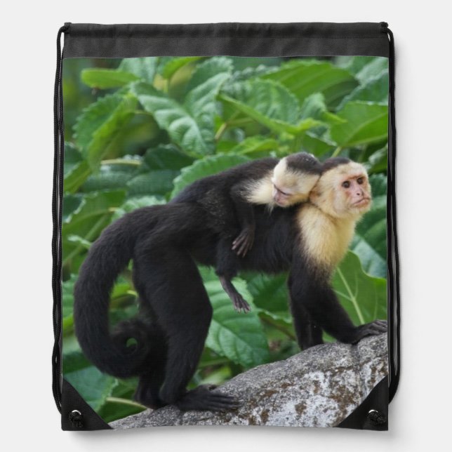 Adult Capuchin Monkey Carrying Baby On Its Back Drawstring Bag (Front)