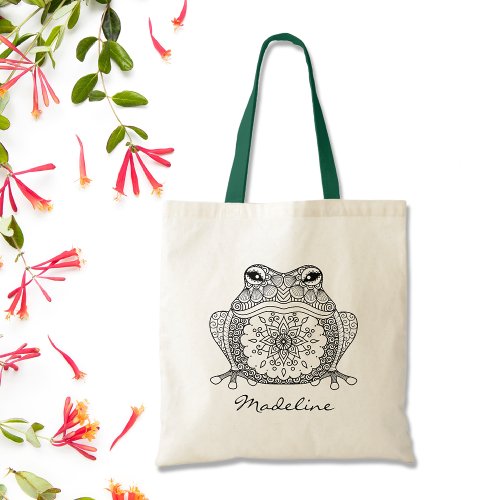 Adult Color Frog Mandala Monogram Tote Bag