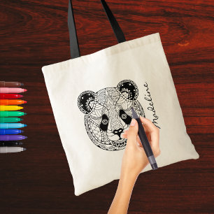 Adult Color Panda Head Mandala Monogram Tote Bag
