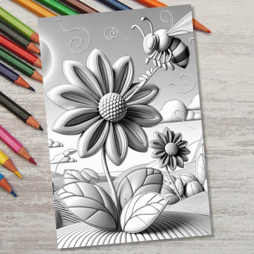 Adult Coloring 3D Floral Botanical Bumblebee Poster