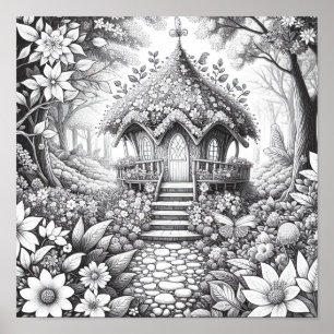 Adult Coloring Floral Fairy House Forest Poster