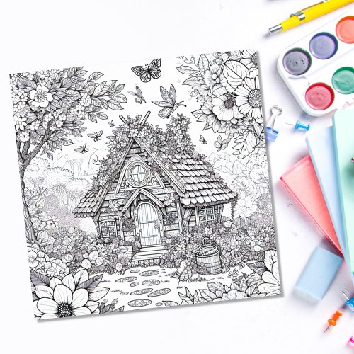 Adult Coloring Floral Fairy House Forest Poster