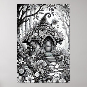 Adult Coloring Floral Fairy House Poster