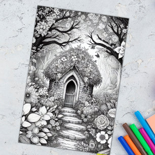 Adult Coloring Floral Fairy House Poster