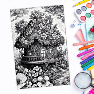 Adult Coloring Floral Fairy House Poster