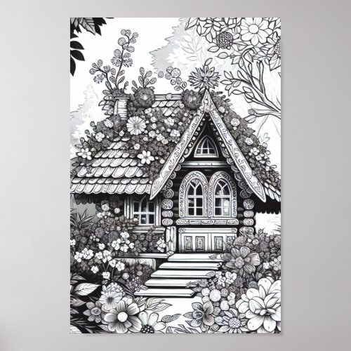 Adult Coloring Floral Fairy House Poster