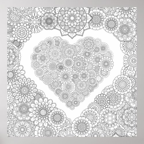 Adult Coloring Flower Heart Poster Large