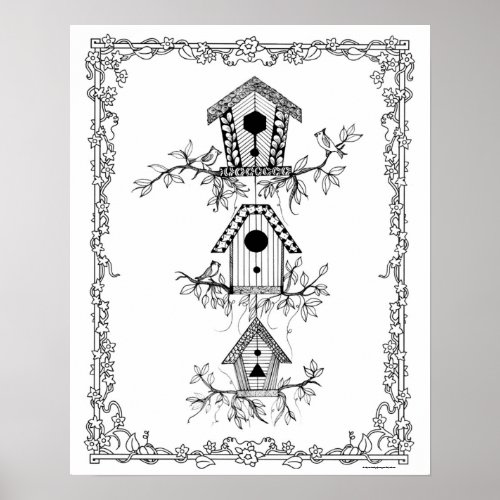 Adult Coloring Poster Birdhouses Art