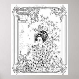 Adult Coloring Poster "Geisha, Sadness in Silence"