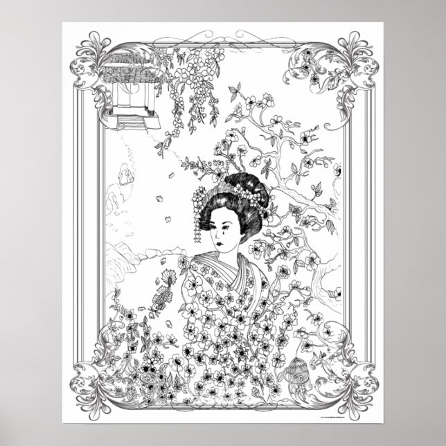Adult Coloring Poster "Geisha, Sadness in Silence" (Front)