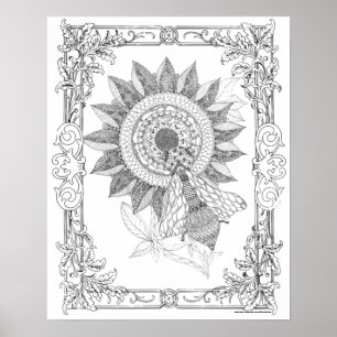 Adult Coloring Poster "Sunflowers and Bee Art"