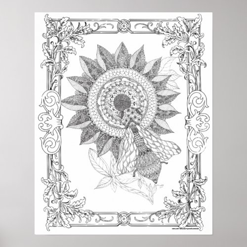 Adult Coloring Poster Sunflowers and Bee Art