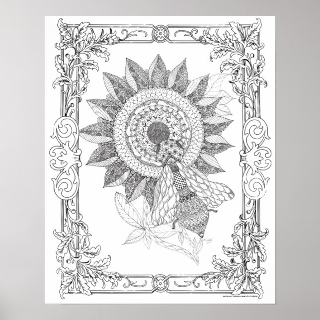 Adult Coloring Poster "Sunflowers and Bee Art" (Front)