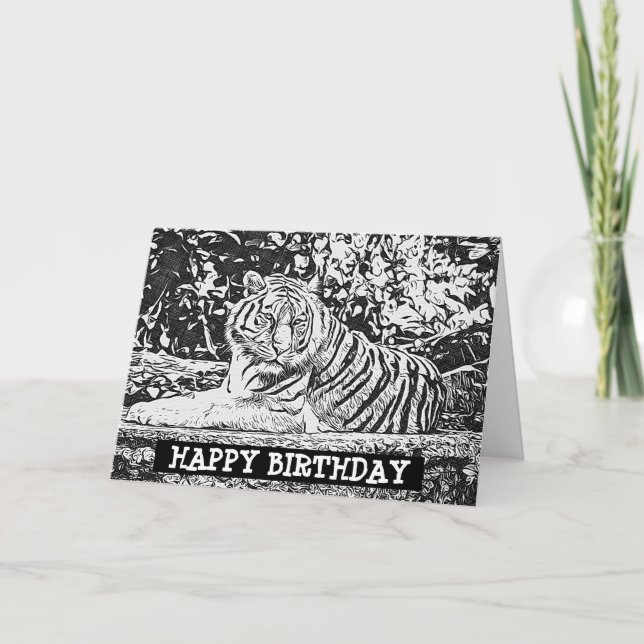 Adult Coloring Tiger Happy Birthday Card (Front)
