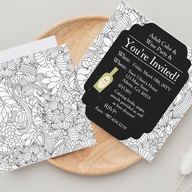 Adult Coloring Wine Party•Floral Invitation (Creator Uploaded)