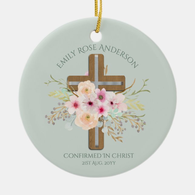 Adult CONFIRMATION Gift - Floral Cross Personalize Ceramic Ornament (Front)
