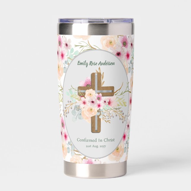 Adult CONFIRMATION Gift - Floral Cross Personalize Insulated Tumbler (Front)
