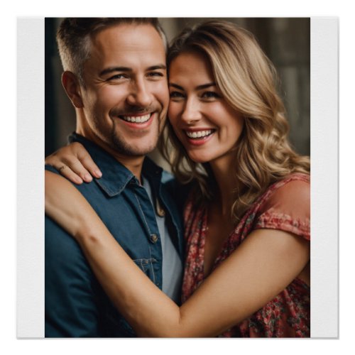 Adult couple realistic laughter happiness hug poster