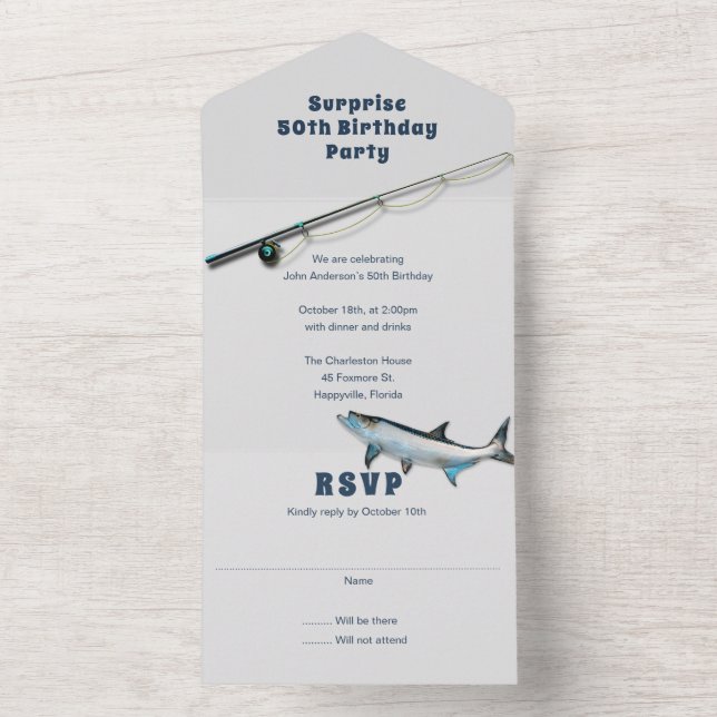 Adult Fishing Themed Birthday Party All In One Inv Invitation (Inside)