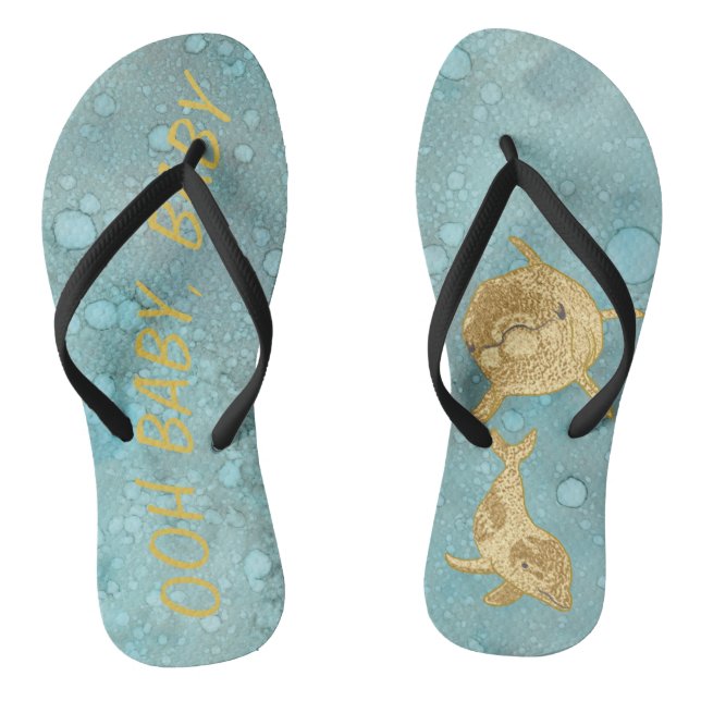 Adult Flip-Flops "Gold Dolphin Mommy and Baby" Flip Flops (Footbed)