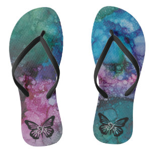 Adult Flip-Flops "Inkblots Pink-Greens Butterfly" Flip Flops