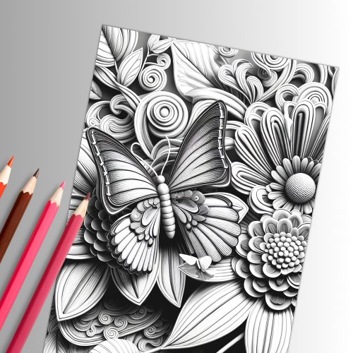 Adult Floral Butterfly 3D Coloring Poster