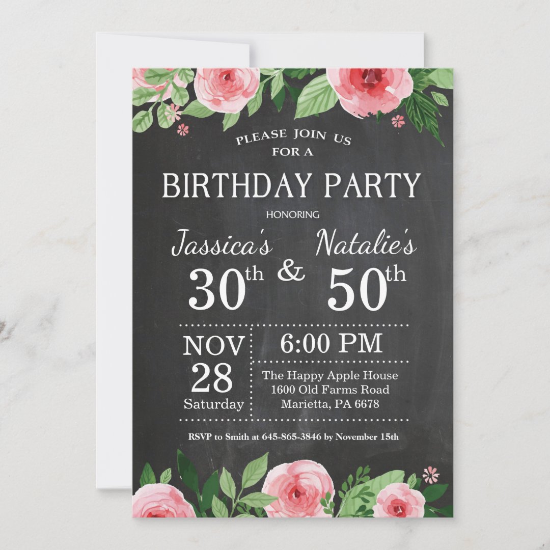 Adult Floral Chalkboard Joint Birthday Party Invitation Zazzle