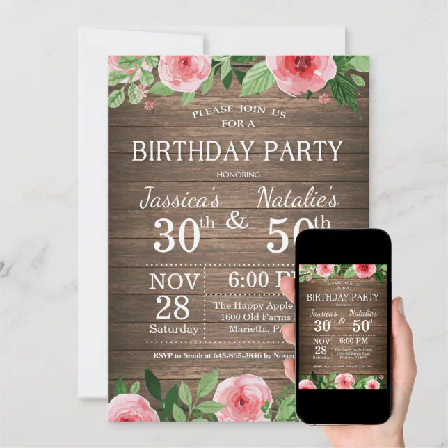 Adult Floral Rustic Joint Birthday Party Invitation | Zazzle