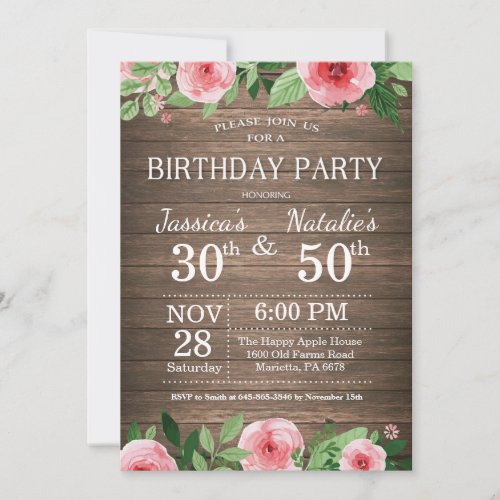 Adult Floral Rustic Joint Birthday Party Invitation