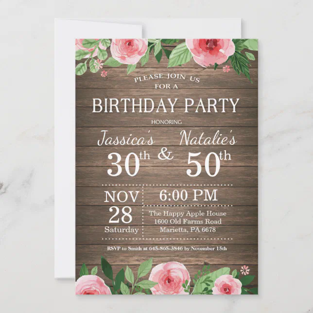 Adult Floral Rustic Joint Birthday Party Invitation | Zazzle