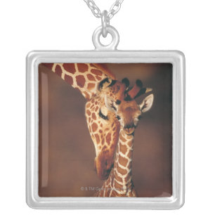 Adult Giraffe with calf (Giraffa camelopardalis) Silver Plated Necklace