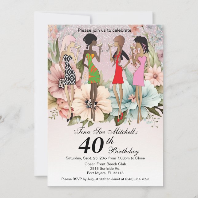 Adult Girls Spring Floral Birthday Party Invitation (Front)
